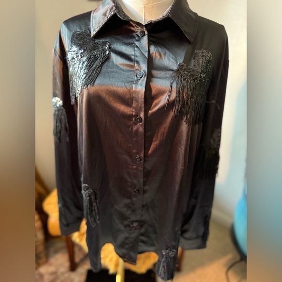 Blue B Collection Tops - Black Embellished fringe western button up